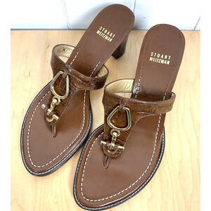 Stuart Weitzman Women Brown Leather Strap Sandal Heel with Gold Detailing SZ 8.5